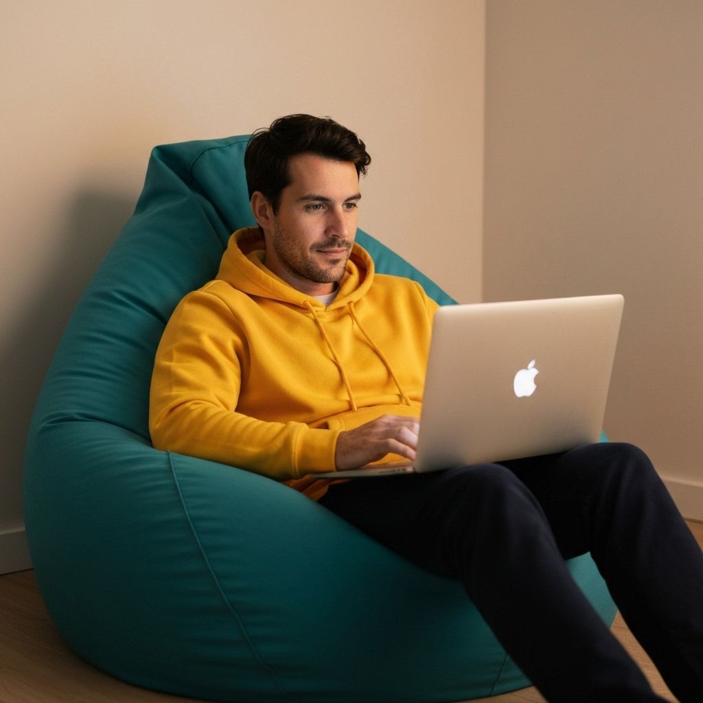 Man in yellow hoodie working on laptop