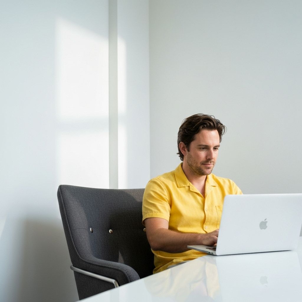 Man in yellow shirt working on laptop