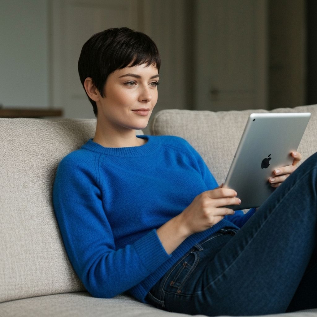 Woman in blue on couch with tablet