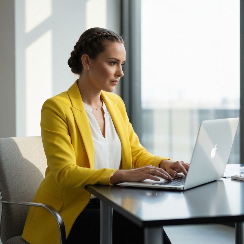 Woman in yellow blazer working at desk