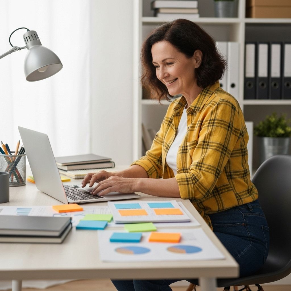 Woman in yellow plaid working on laptop