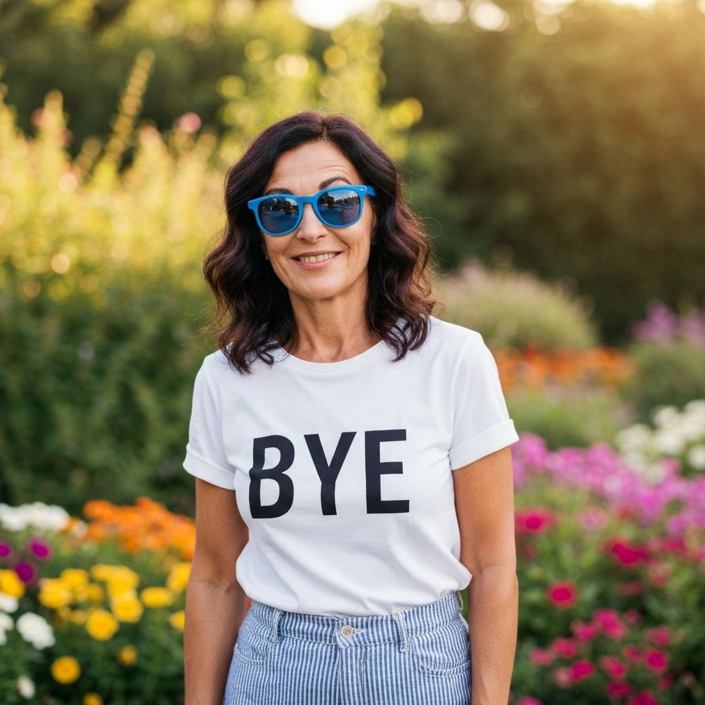 Woman with blue sunglasses wearing shirt with Bye text