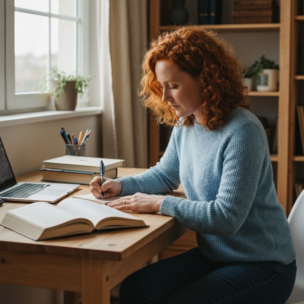 Woman with curly hair writing